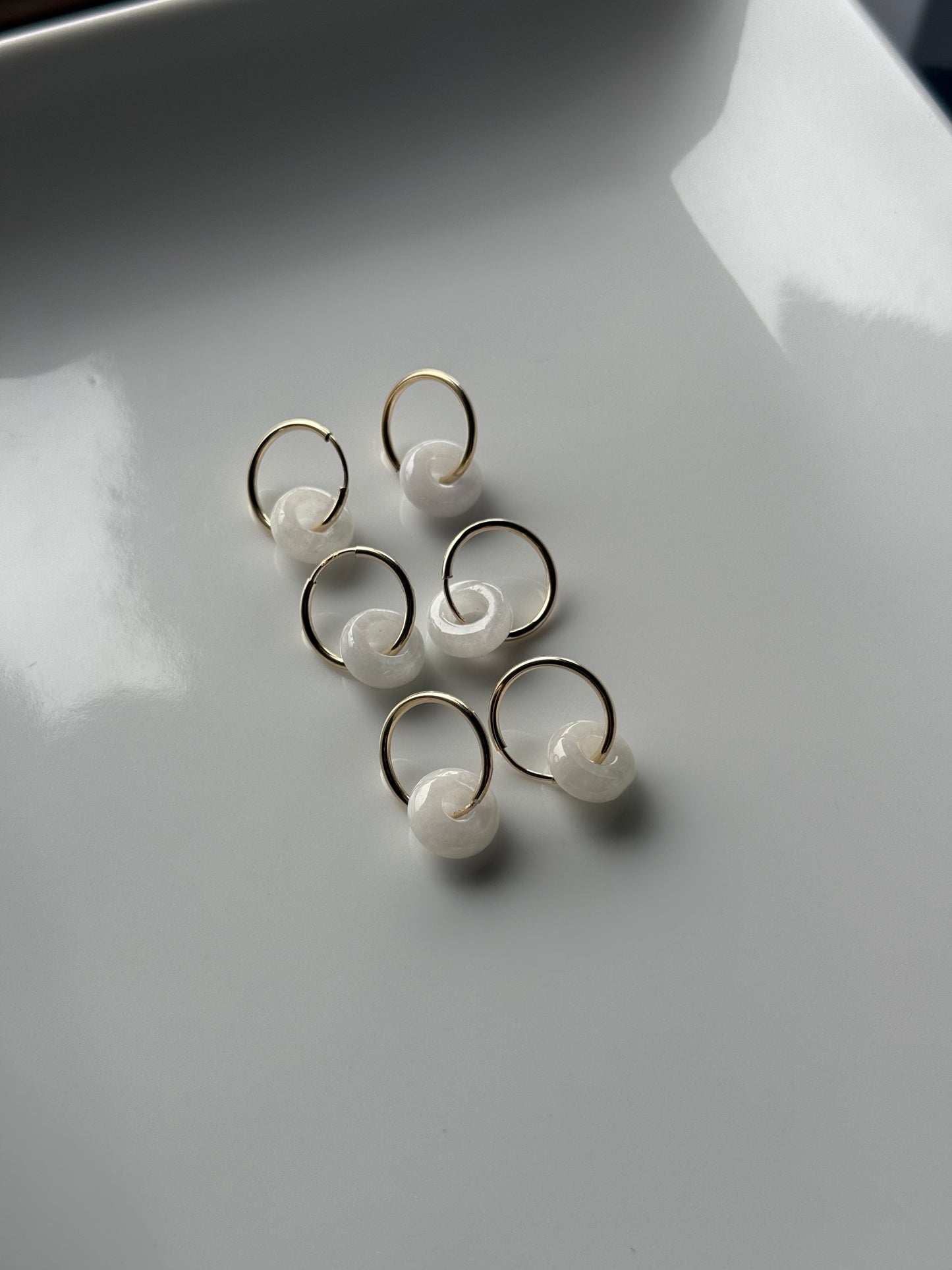 Mini jade donut hoop earrings white